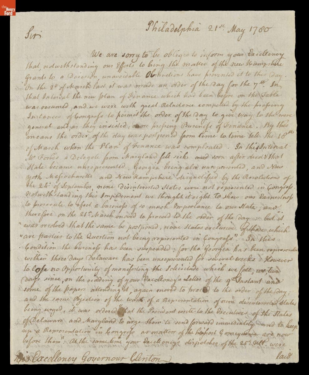 Letter from James Duane, Robert R. Livingston, and John Morin Scott to George Clinton, May 21, 1780