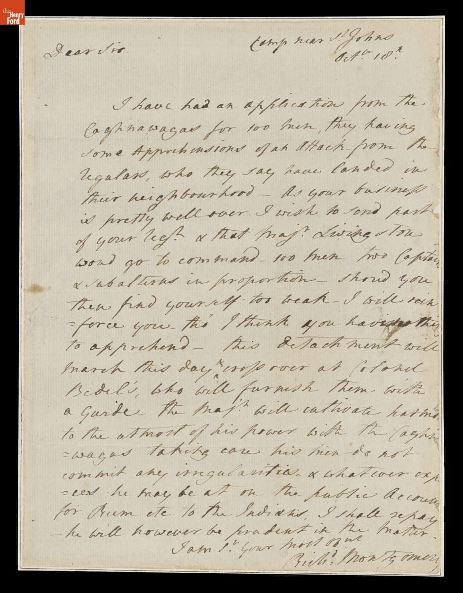 Letter from Richard Montgomery to an Unknown Recipient, October 18, 1775