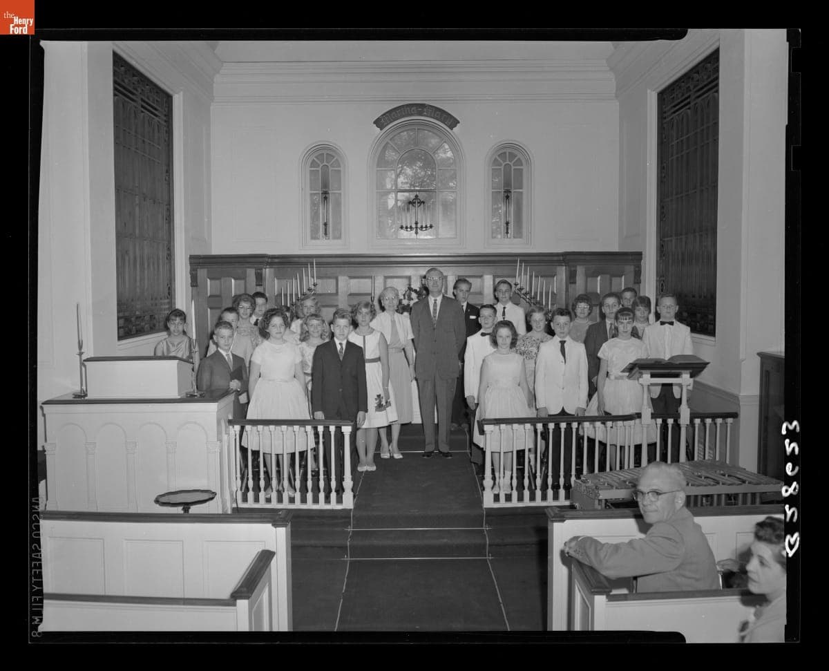 Teacher E. Lucile Webster and Principal Mark Stroebel with Edison Institute Schools Sixth Grade Graduating Class, June 16, 1961