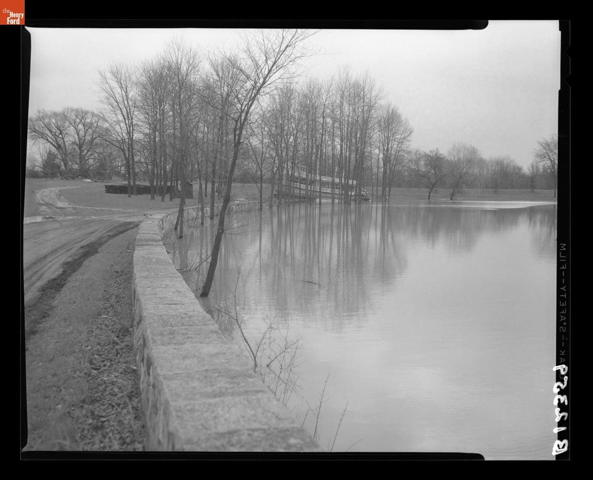 Flood Waters Surround the Suwanee Ramp in Greenfield Village, May 1, 1956