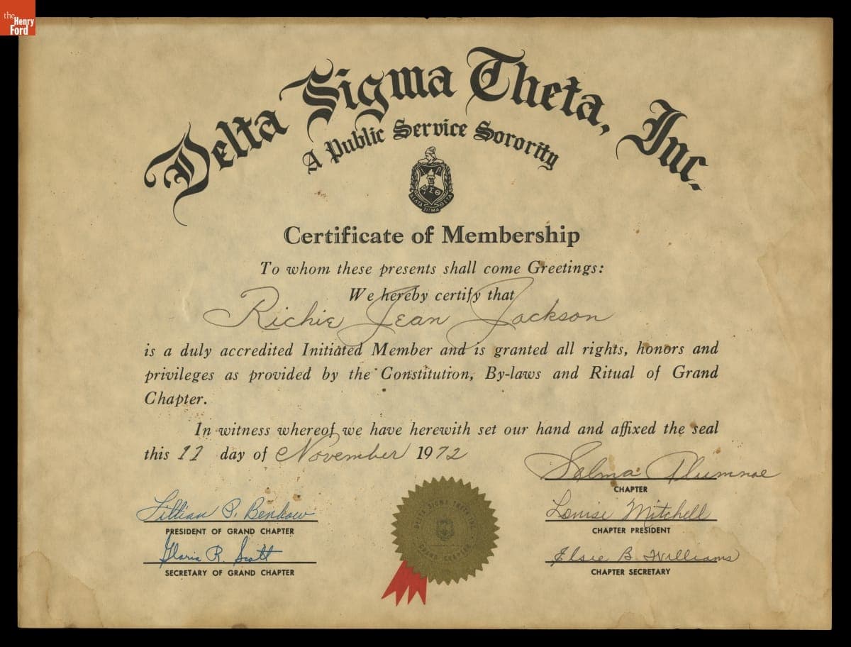 Certificate of Membership for Richie Jean Jackson to Delta Sigma Theta, Inc., A Public Service Sorority, November 11, 1972