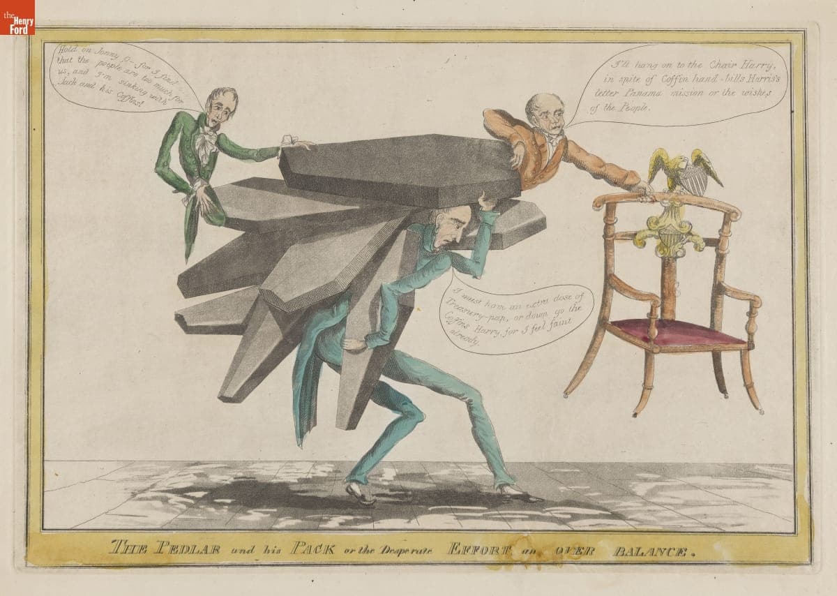Aquatint, "The Pedlar and His Pack or the Desperate Effort, an Over Balance," 1828