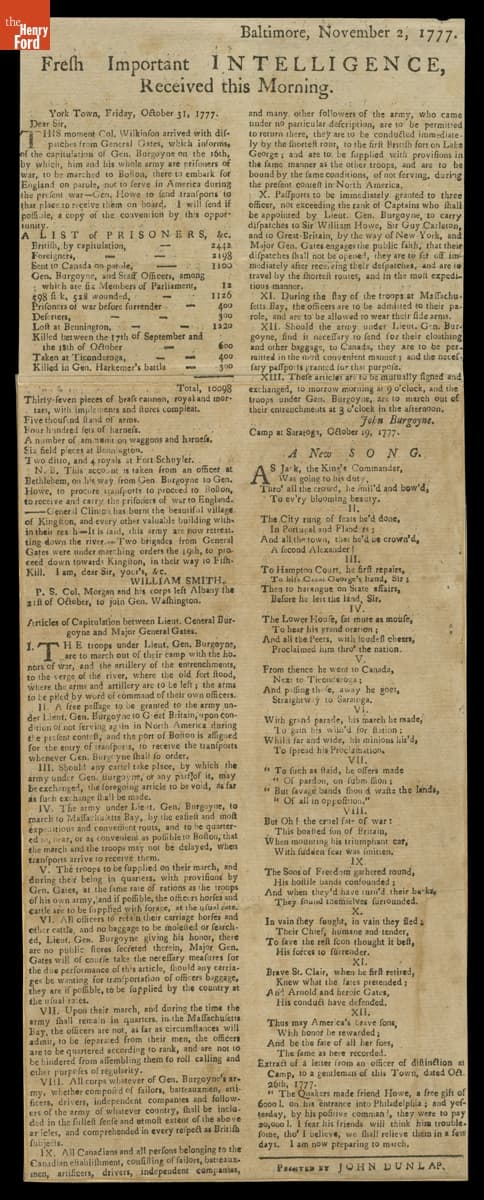 "Fresh Important Intelligence, Received this Morning," Baltimore, November 2, 1777