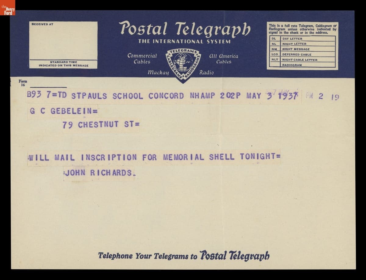 Telegram from John Richard of St. Paul's School, Concord, New Hampshire to G.C. Gebelein, May 3, 1937
