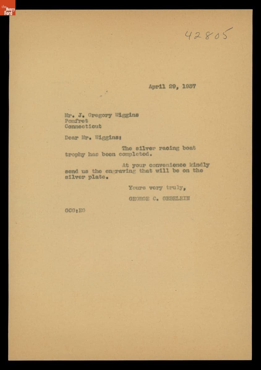 Letter from George C. Gebelein to J. Gregory Wiggins, April 29, 1937