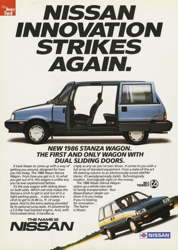 Advertisement for the 1986 Nissan Stanza Wagon, "Nissan Innovation Strikes Again"
