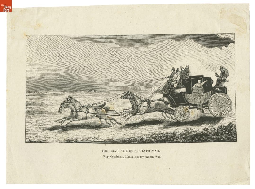 "Quicksilver Mail," English Stagecoach, Wood Engraving, circa 1840