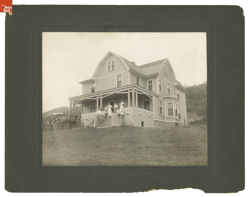 House with People Gathered on the Porch and Horse-Drawn Buggy in Front, circa 1905