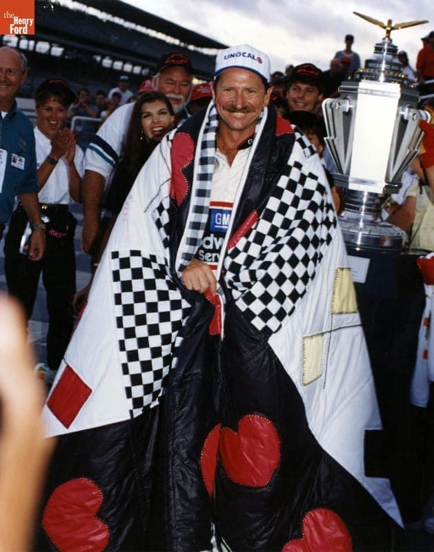 Dale Earnhardt with a Quilt Made by Jeanetta Holder, after the 1995 Brickyard 400 Race at the Indianapolis Motor Speedway