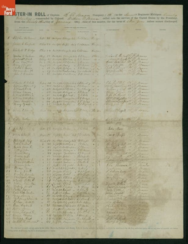 "Muster-In Roll," 7th Volunteer Michigan Cavalry, January 23, 1863