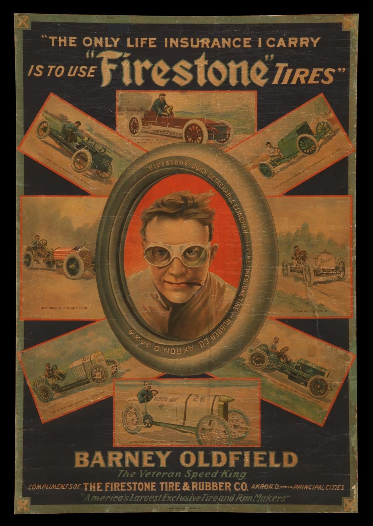Advertising Poster, Barney Oldfield Endorsing Firestone Tires, circa 1910