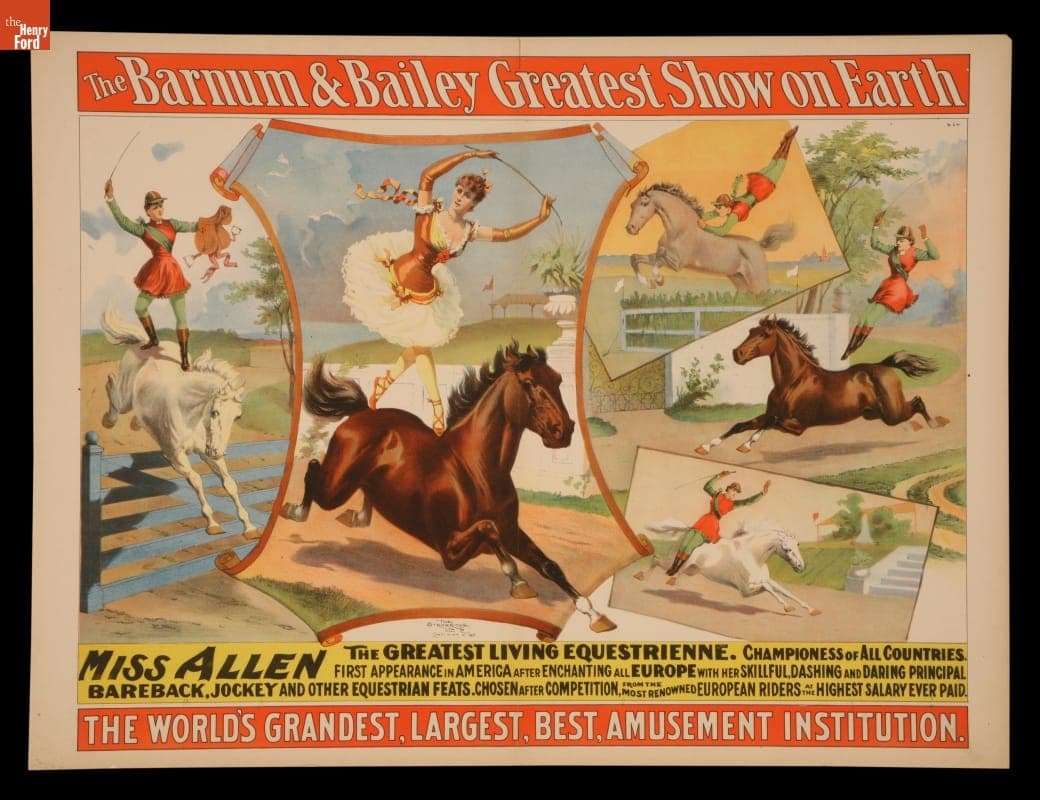Circus Poster, Barnum and Bailey Present "Miss Allen, The Greatest Living Equestrienne," circa 1890