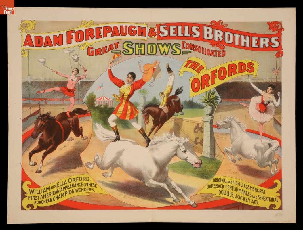 Circus Poster, Adam Forepaugh & Sells Brothers Circus Presents "Bareback Performances by the Orfords," 1897