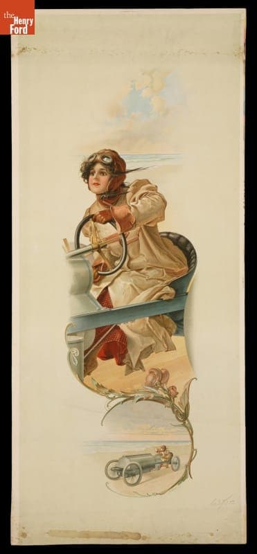 Racing Poster, Woman Driver Practicing for a Race on the Beach, 1908