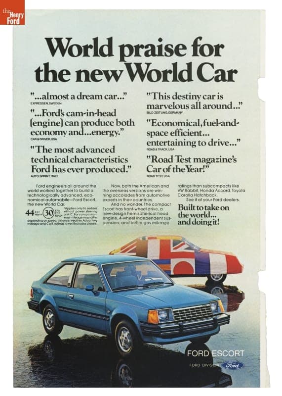 Advertisement for 1981 Ford Escort, "World Praise for the New World Car"