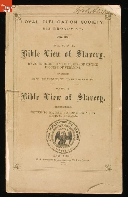 Pamphlet with Two Essays, "Bible View of Slavery, Examined" and "Bible View of Slavery, Reconsidered," 1863