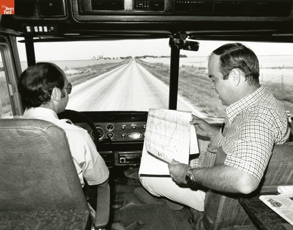 Charles Kuralt and  Driver Traveling in the CBS "On the Road" Motor Home, circa 1987