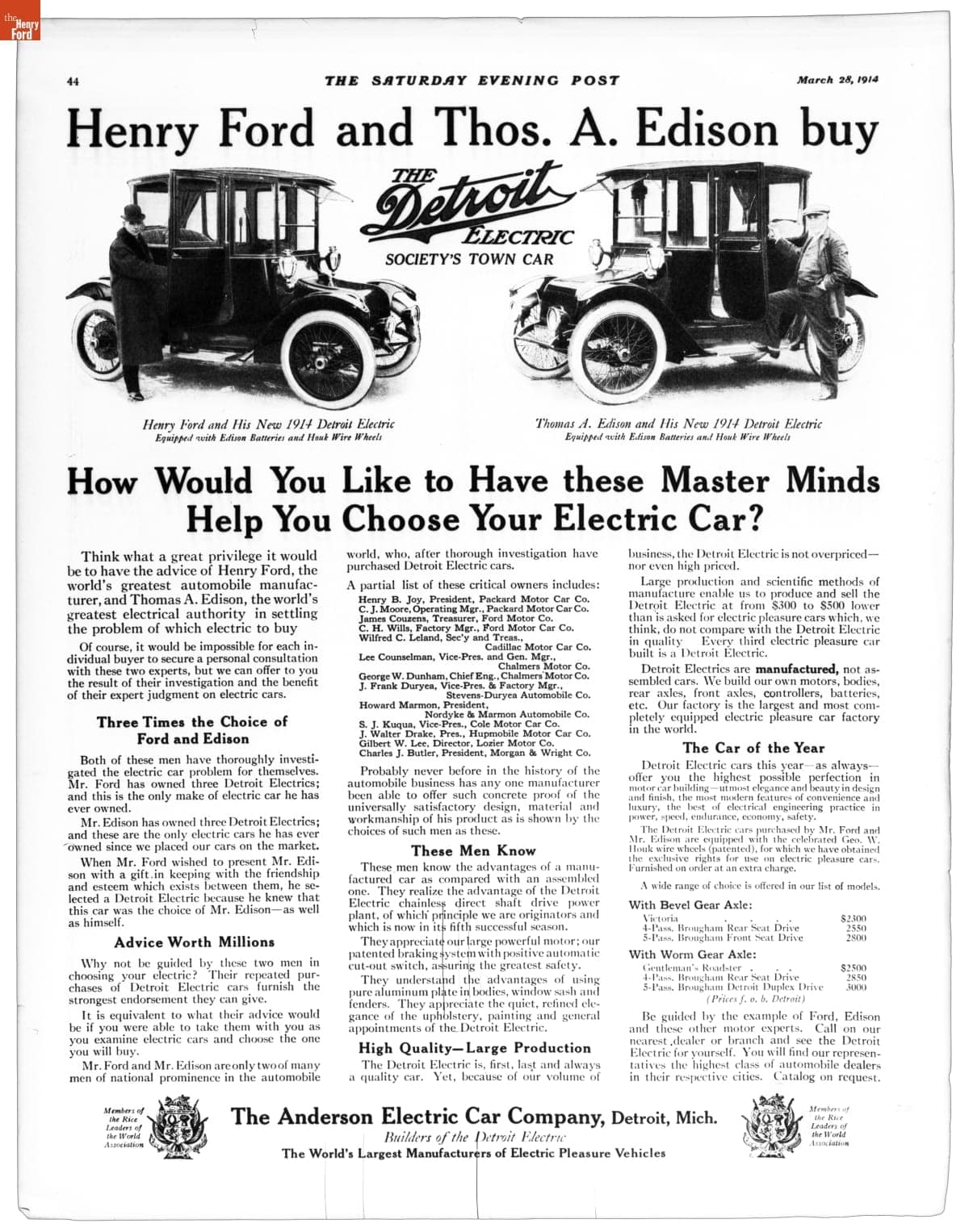 Anderson Electric Car Company Advertisement, "Henry Ford and Thos. A. Edison Buy the Detroit Electric," 1914