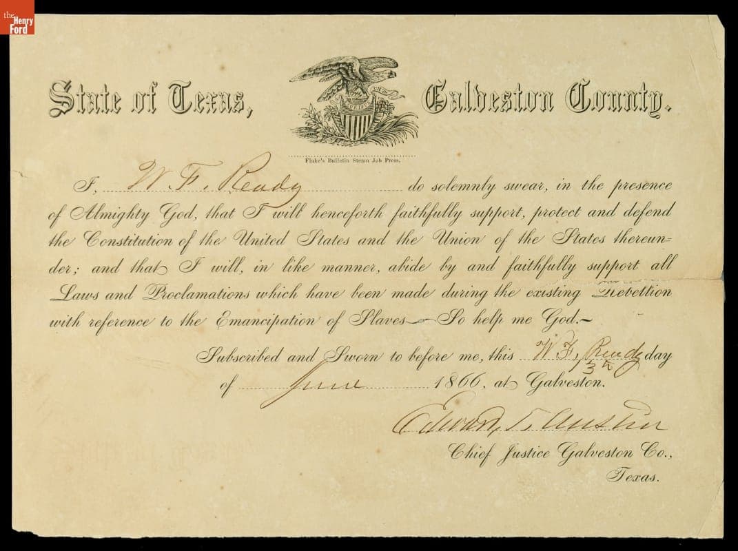 Loyalty Oath to the United States of America, Issued for W. F. Ready, June 13, 1866