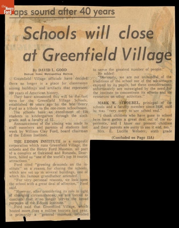 Detroit News Article, 1969, "Schools Will Close at Greenfield Village"