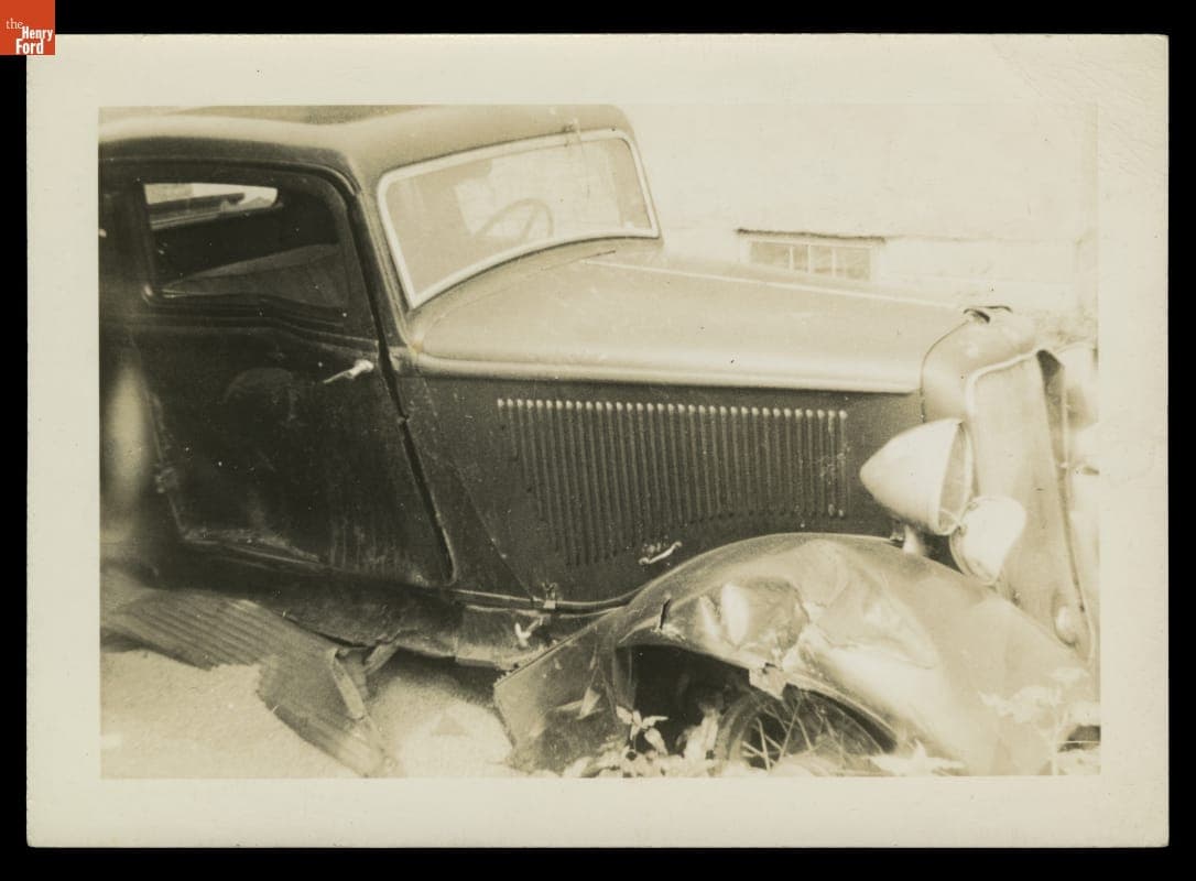 Front Side View of Aftermath of Roll-over Accident in 1933 Dodge Coupe, circa 1945