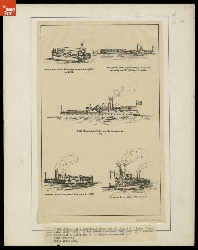 Five River Steamboats (as Depicted 1824-1837), Wood Engraving, circa 1880