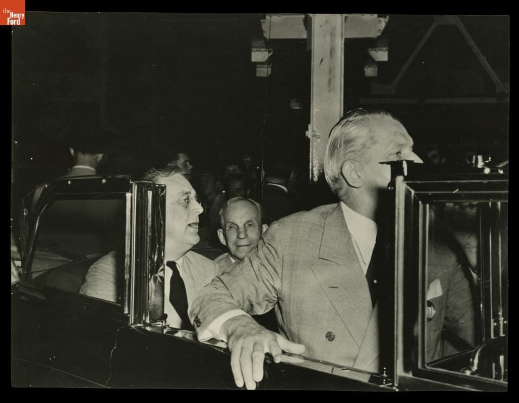 President Franklin Roosevelt, Henry Ford and Charles Sorensen Touring the Ford Willow Run Bomber Plant, 1942