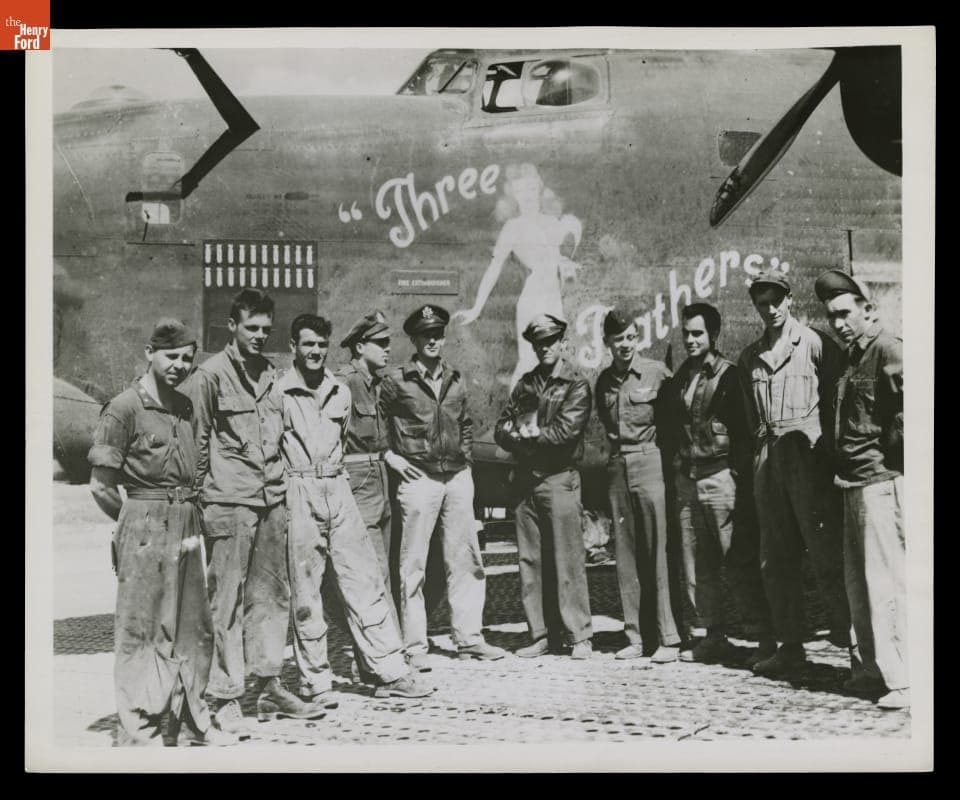 B-24 Bomber "Three Feathers" with Crew, 1944