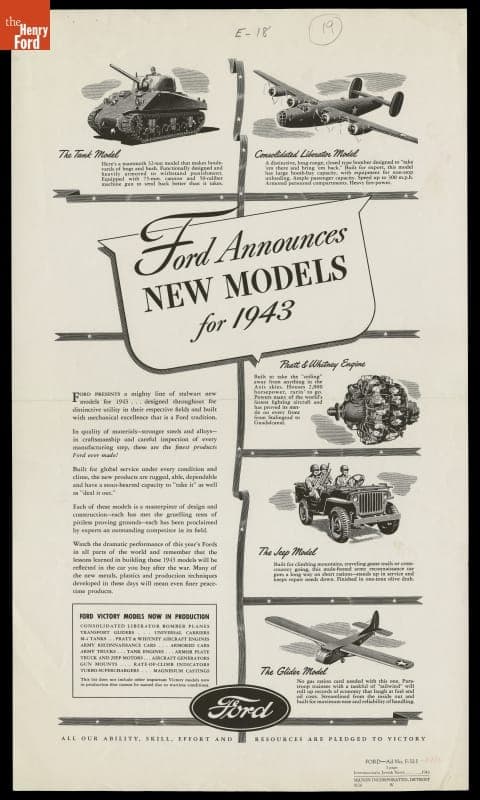Ford Institutional Advertising on Military Vehicle Production, "Ford Announces New Models for 1943"