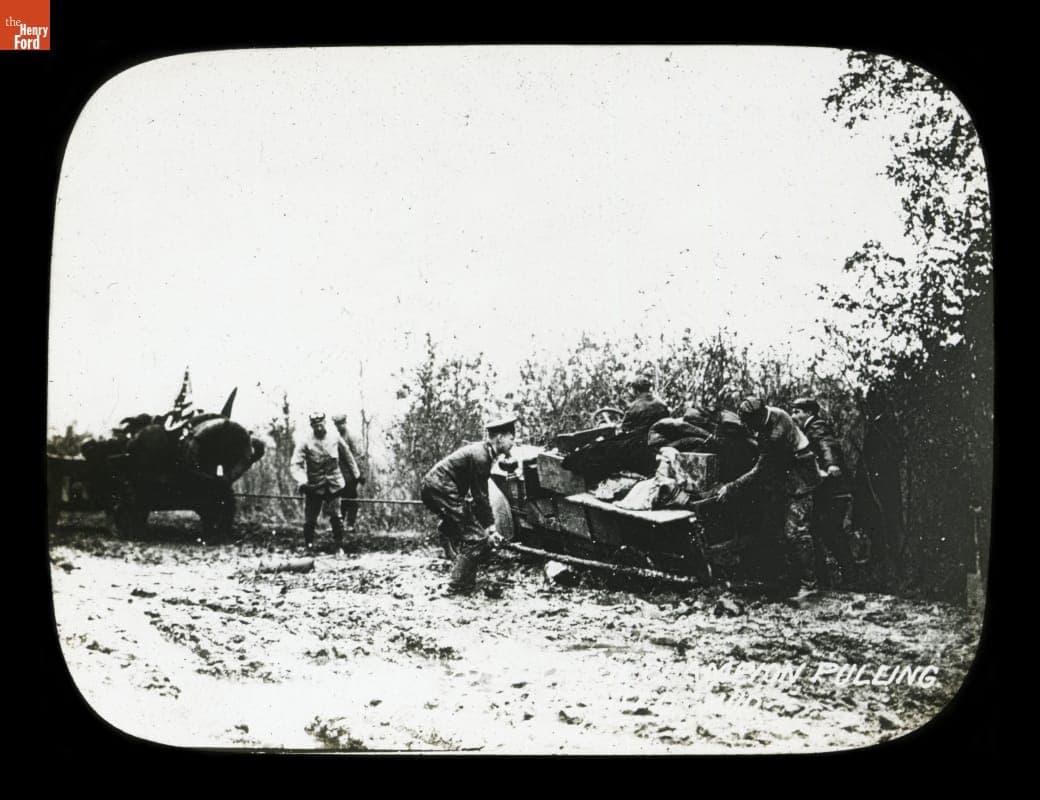 Thomas Flyer Team Hauling German Protos Out of the Mud in Russia, New York to Paris Automobile Race, 1908