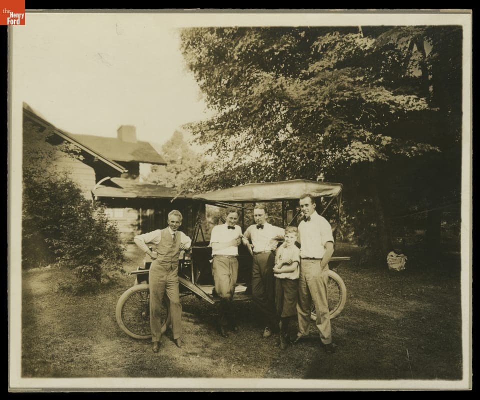 Henry Ford, Ray Dahlinger, Frank Kulick, Jerry Wolfe, and A. B. Jewett at "The Bungalow," Dearborn, Michigan