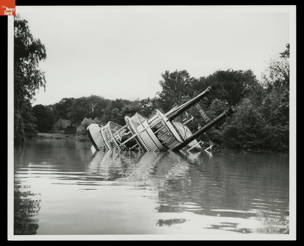 Suwanee Steamboat Swamped during Flood, Greenfield Village, 1968