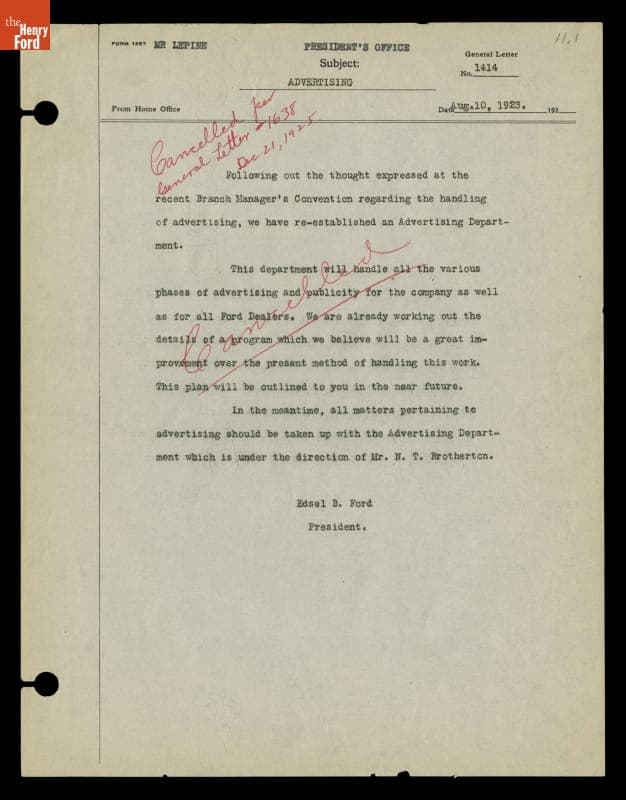 Memo from Edsel Ford Announcing the New Ford Motor Company Advertising Department, August 10, 1923