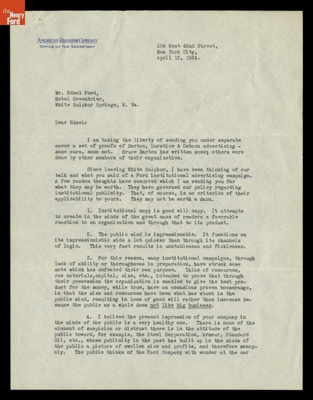 Letter from Wetmore Hodges to Edsel Ford regarding Ford's 1924 Institutional Message Advertising Campaign, April 12, 1924