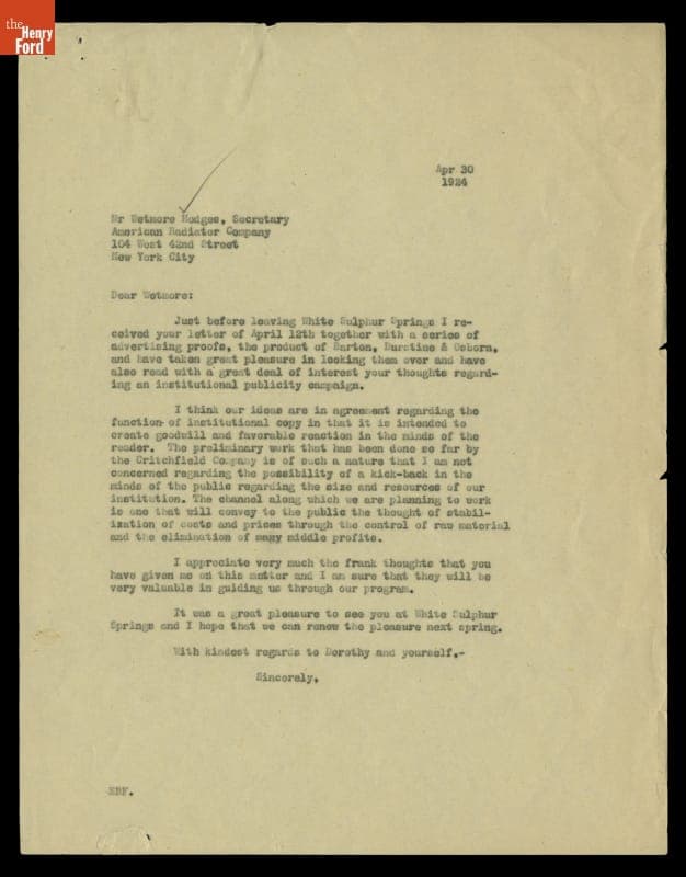 Letter from Edsel Ford to Wetmore Hodges regarding Ford's 1924 Institutional Message Advertising Campaign, April 30, 1924