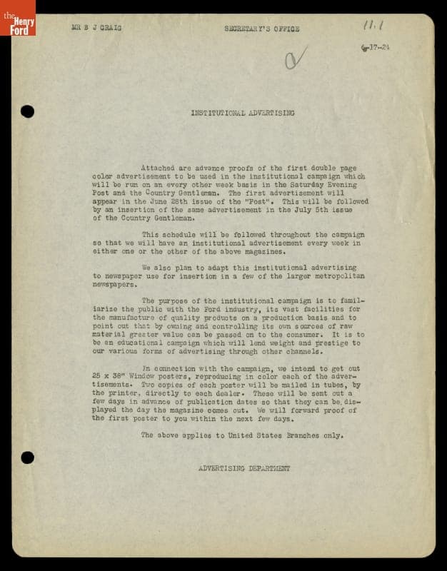 Memo from Ford Advertising Department about the 1924 Institutional Message Advertising Campaign, June 17, 1924