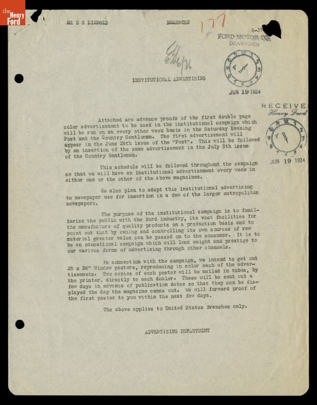 Memo from Ford Advertising Department about the 1924 Institutional Message Advertising Campaign, June 17, 1924