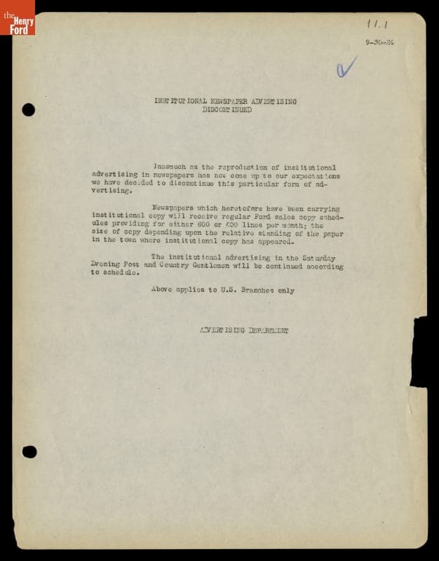 Memo from Ford Advertising Department Discontinuing Ford's 1924 Institutional Message Advertising Campaign in Newspapers, September 30, 1924