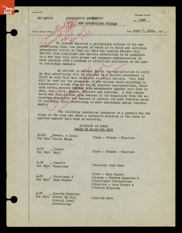 Memo from Ford Advertising Department Outlining an Upcoming Ad Campaign, September 7, 1923