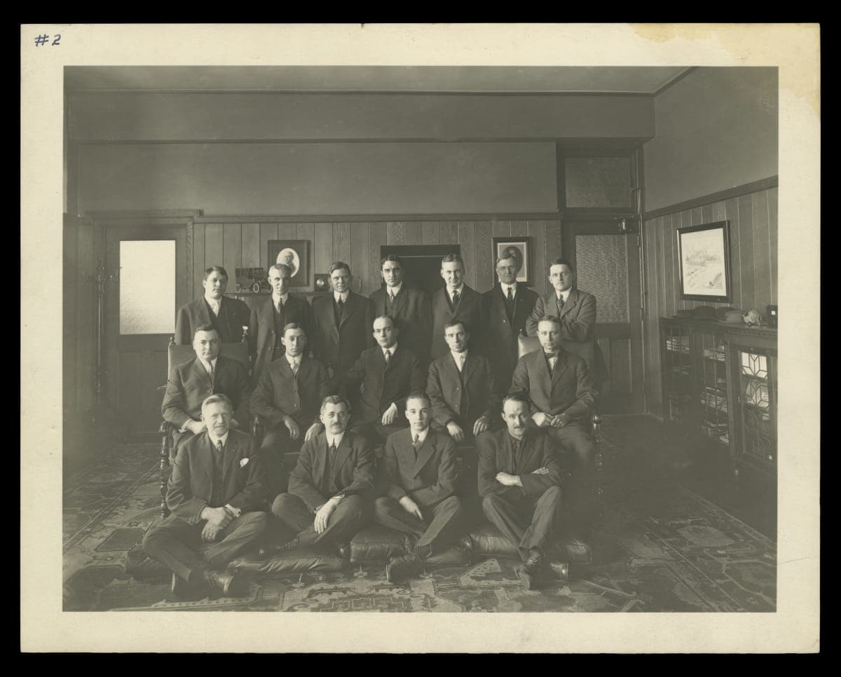 Henry Ford and Edsel Ford with Ford Motor Company Executives, Henry Ford's Office at the Highland Park Plant, circa 1913