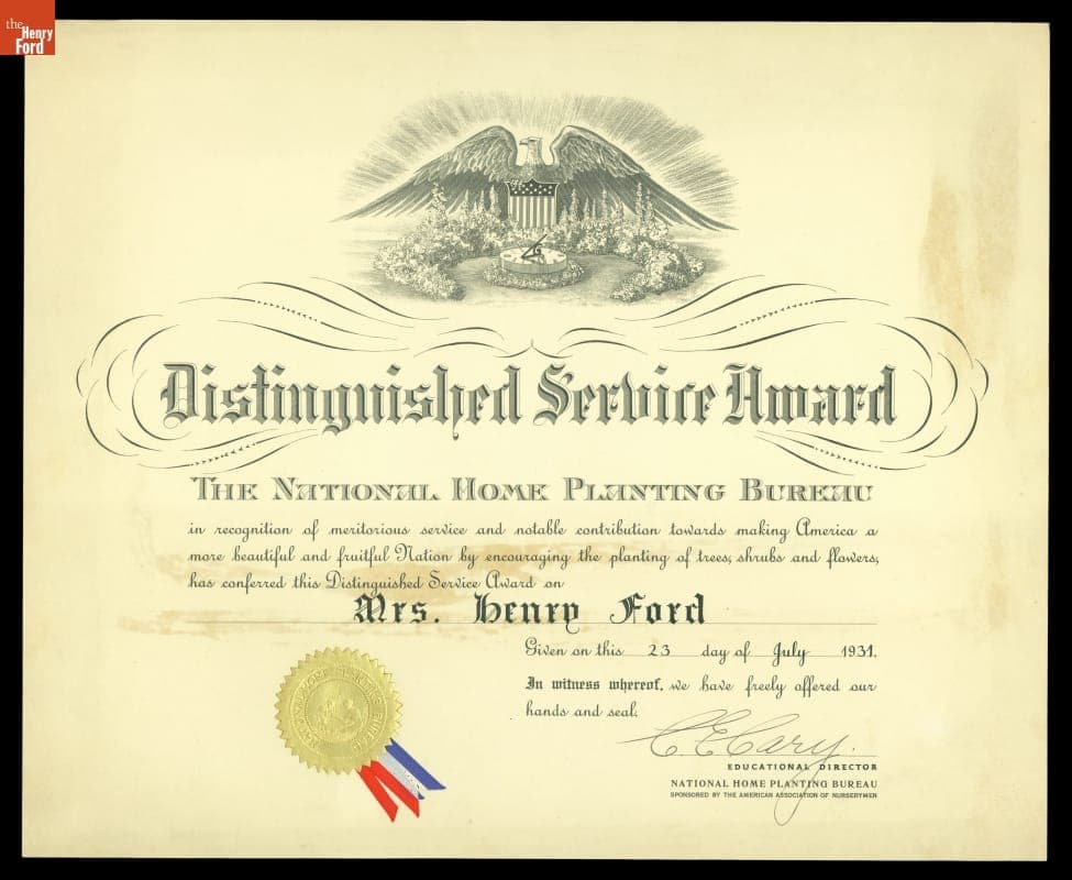 Distinguished Service Award Presented to Clara Ford by the National Home Planting Bureau, 1931