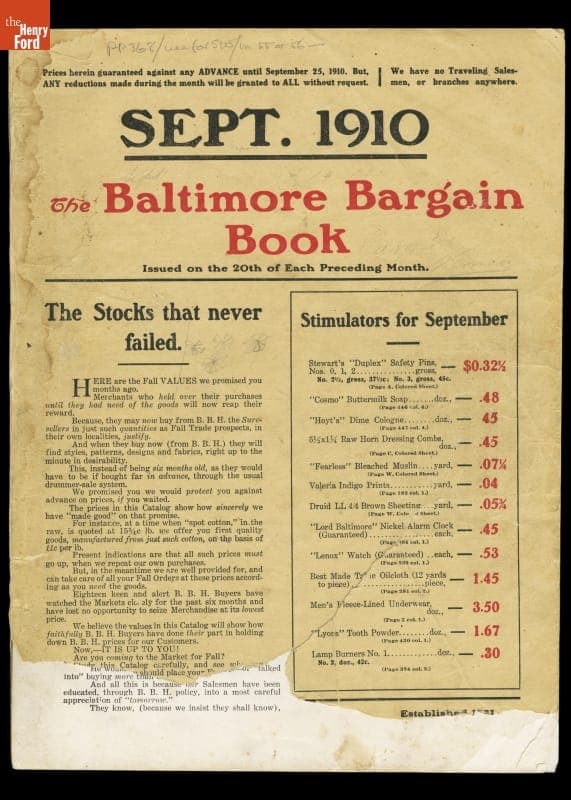 Sales Catalog, Baltimore Bargain House, 1910