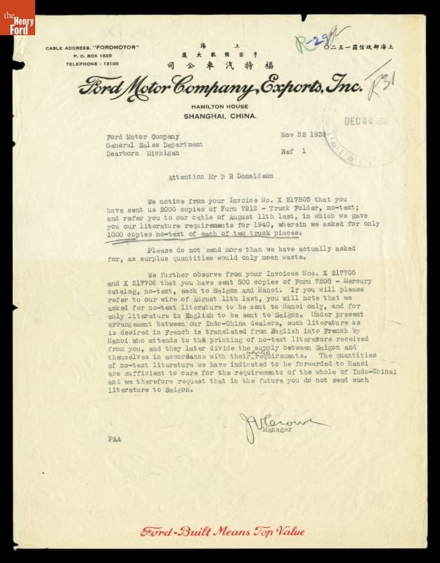 Letter from Ford Motor Company Exports, Inc. to Ford Sales Department regarding Supplies of Promotional Literature, 1939