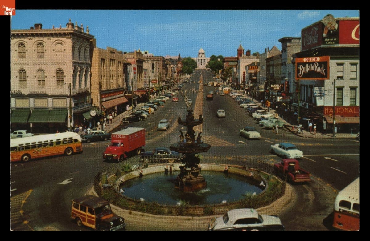 Postcard, "Dexter Avenue from Courthouse Square Fountain to the State Capitol, Montgomery, Alabama," 1954