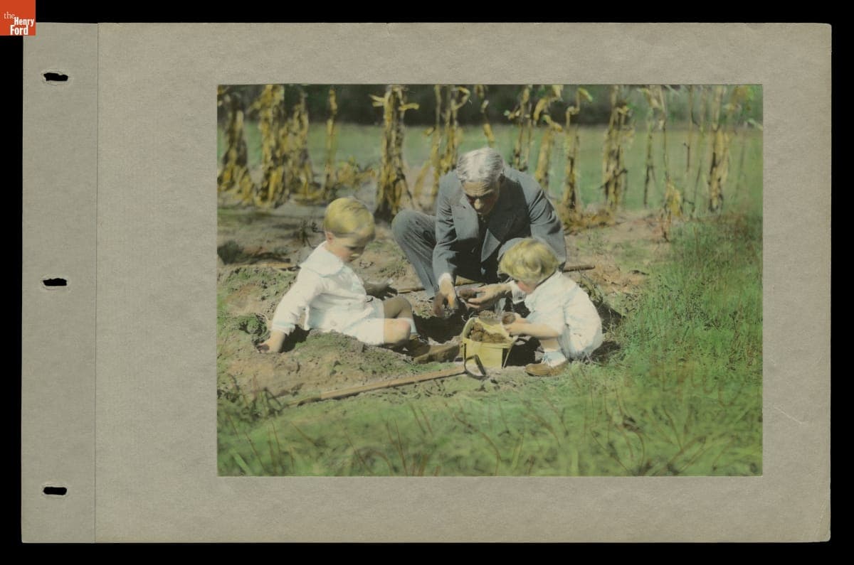 Henry Ford Digging Potatoes with his Grandsons Henry Ford II and Benson Ford, Fair Lane, Dearborn, Michigan, 1922-1923