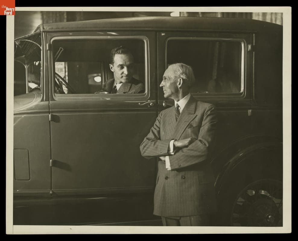 Edsel Ford and Henry Ford Introducing the New Ford Model A at the Ford Industrial Exposition in New York City, January 1928