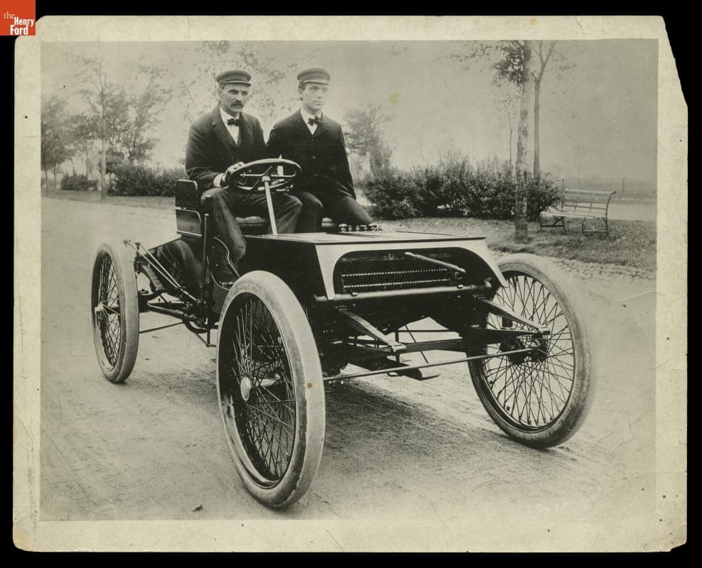 Henry Ford and Oliver Barthel Driving the Ford Sweepstakes Racer on West Grand Boulevard, Detroit, Michigan, August 1901