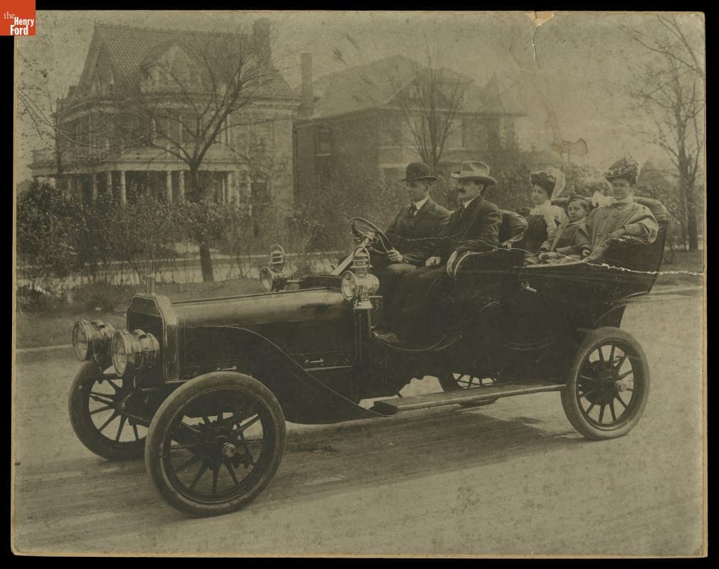 Henry Ford, LeRoy Pelletier, Myrle Clarkson, Edsel Ford and Clara Ford Riding in a Ford Model K Car, 1906-1908