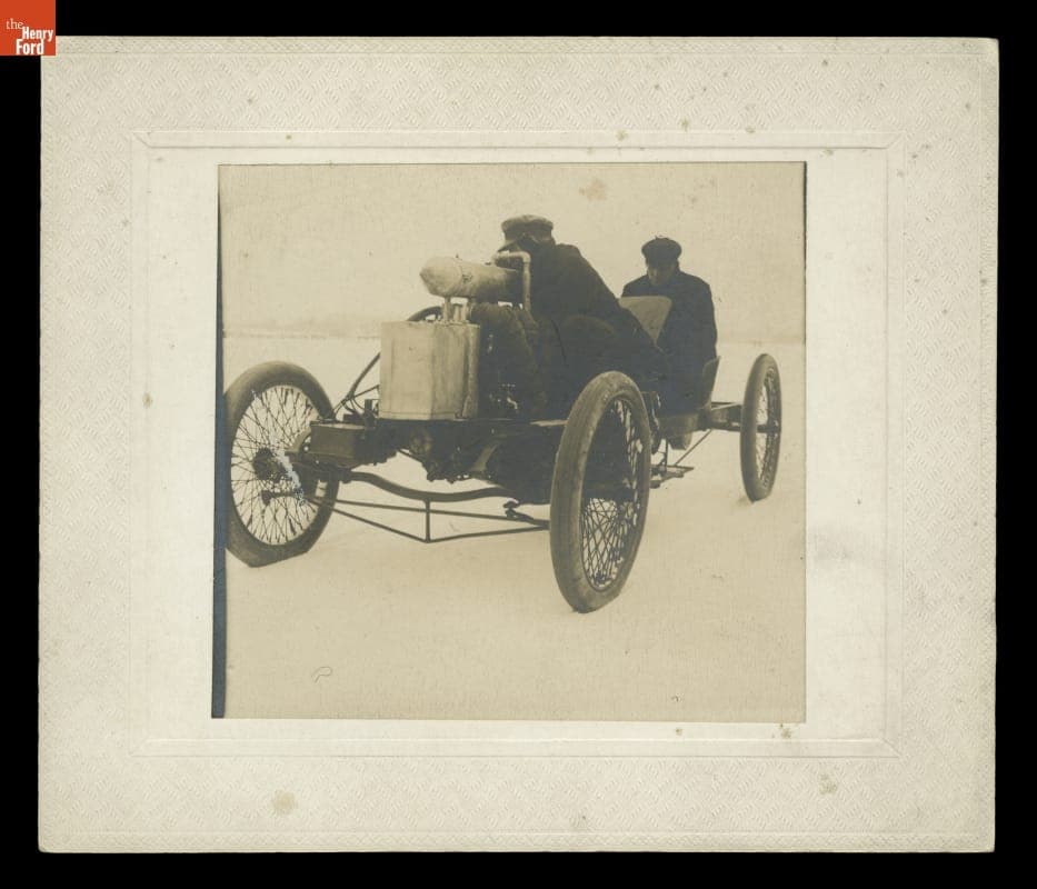 Ed "Spider" Huff and Henry Ford in Arrow Racer on Lake St. Clair, 1904