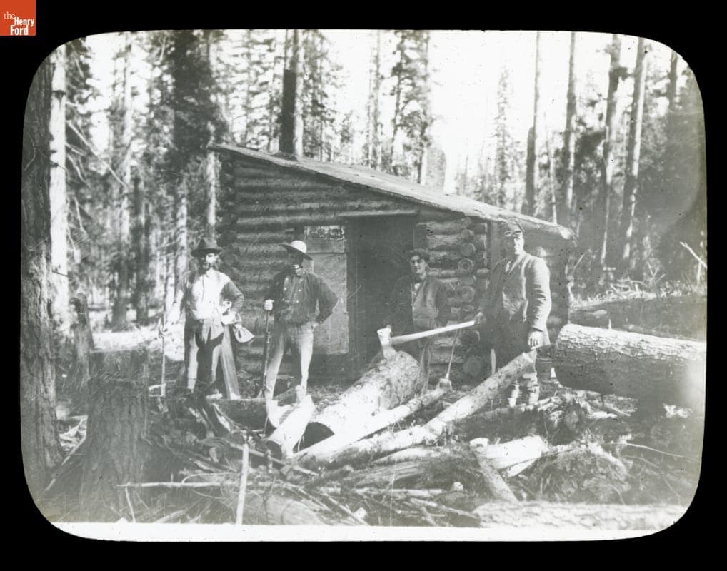 Thomas Flyer Driver George Miller Posing with Lumberjacks, Pathfinder Tour before the New York to Seattle Race, 1909